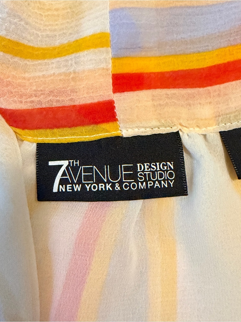 7th Avenue Striped Tie-Neck Blouse in White, Yellow & Orange - Picture 5 of 6